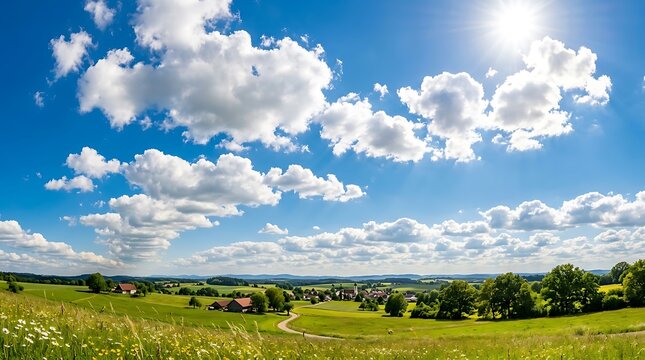 Serene countryside landscape with green fields and blue sky filled with fluffy clouds on a sunny day with trees and houses in distance