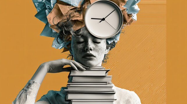 Overwhelmed Female with Books, Papers, and Clock in Chaos