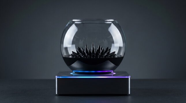 Magnetic ferrofluid floating liquid sculpture in glass bowl with purple neon glow physics demonstration