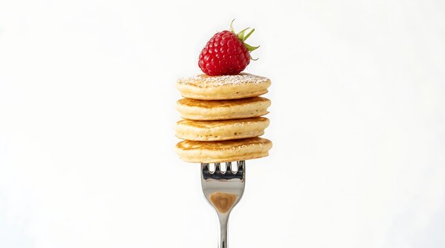 Vertical stack of mini pancakes on a silver fork topped with a fresh raspberry, isolated on white background.
