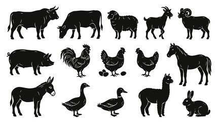 Obraz premium Black White Silhouette Farm Animals Collection, Barnyard Livestock Icons Set