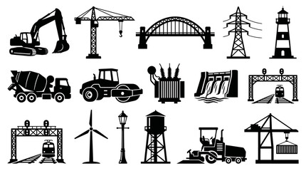 Obraz premium Construction Industry Icons: Excavator, Crane, Bridge, Power Line, Lighthouse, Cement Mixer, Roller, Transformer, Dam, Train, Wind Turbine, Water Tower, Tractor, Cargo Crane - Black and White Glyphs