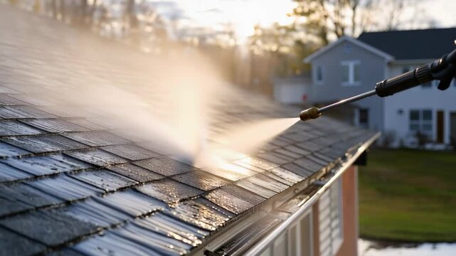 Soft wash system applying sodium hypochlorite to clean a roof during sunset near trees in the background