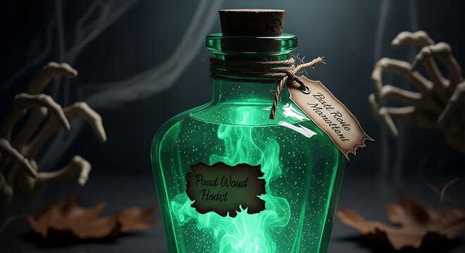 Bottle with Glowing Green Potion Liquid, Wrapped in Twine and Spell Tag, Foreshadowing Dark Magic and Mystical Marketing Concept