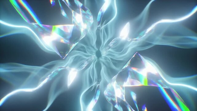A vivid neon plasma burst at center, with radiant blue streams and prism shards radiating outwardly