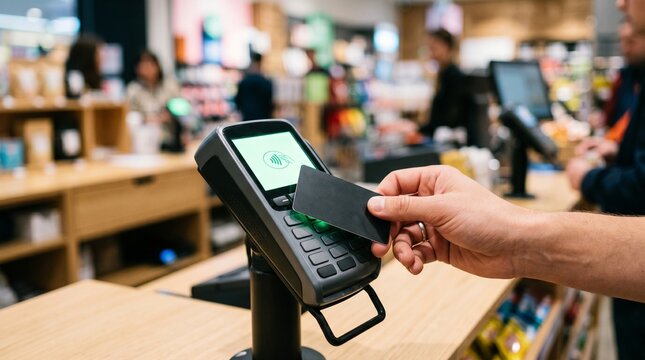 Customer making a secure contactless payment with a credit card at a retail store checkout terminal, showcasing modern efficient digital transaction technology