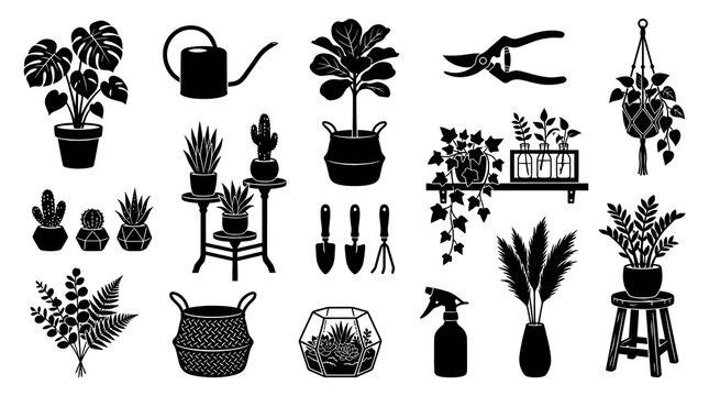 Houseplants and Gardening Tools Glyph Icon Set. Black  White Indoor Plant, Succulent, Terrarium Silhouettes.