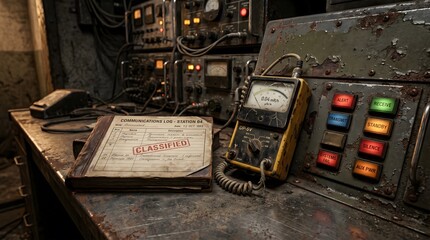 Fototapeta premium Dusty old control room with vintage electronic equipment and a logbook