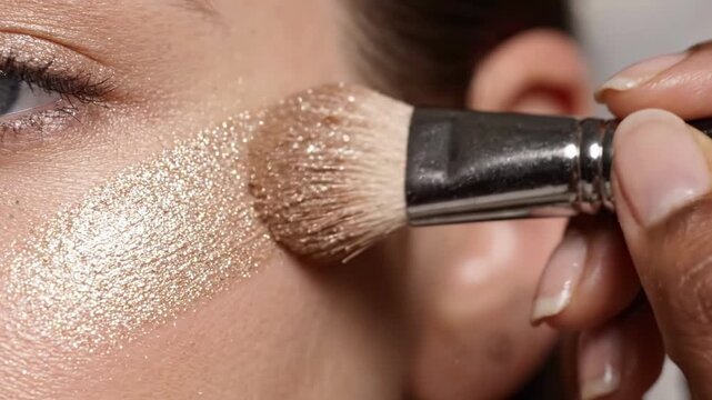 Close up of makeup artist applying glitter eyeshadow with brush