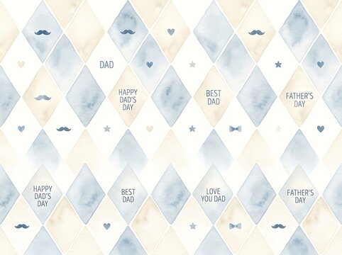 Watercolor diamond pattern with mustache and bow tie icons for fathers day