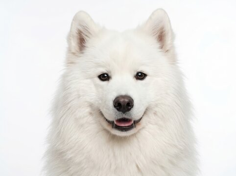 Portrait of a fluffy white samoyed dog isolated on white background