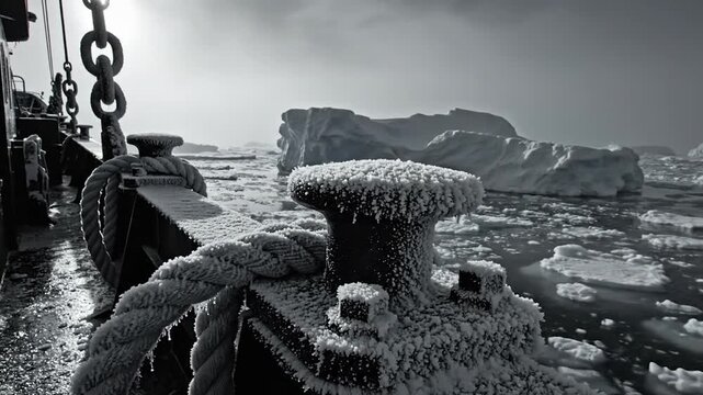 Frost covered ship deck and bollard sailing through arctic waters with icebergs in black and white