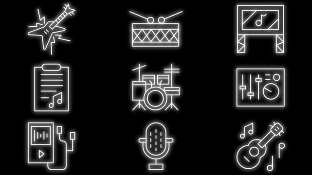 Set of Music Icons Neon Style on Black Background.