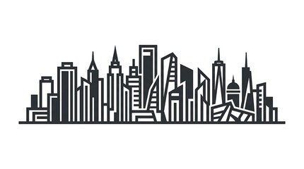 Fototapeta premium Minimalist black and white city skyline silhouette graphic illustration with geometric skyscrapers