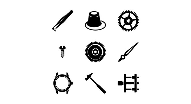 Watchmaking Tools & Parts Vector Icons, Precision Mechanics & Horology Elements Set