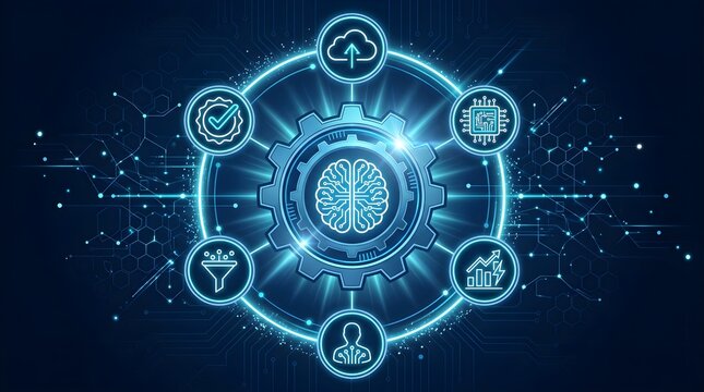 Digital atom structure glowing in futuristic technology network with particle connections
