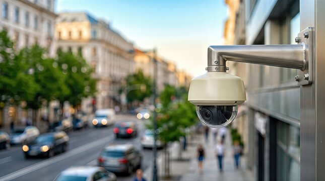 CCTV surveillance camera mounted on a building overlooking a busy city street with vehicles and pedestrians, showcasing urban life and security measures in action