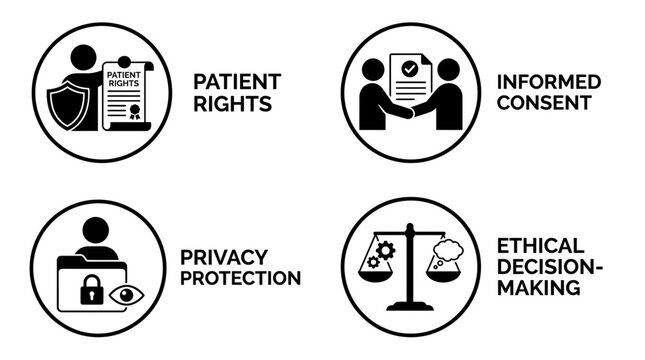 Medical ethics and patient rights icon set for healthcare administration