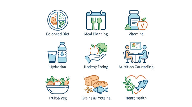 Healthy lifestyle and nutritional counseling nutrition icons collection