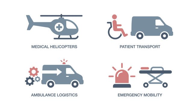 Emergency medical transport and ambulance logistics icons for first responders