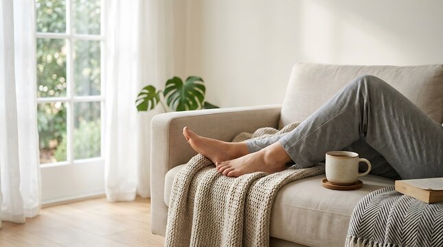 A person relaxes on a beige sofa in a bright living room with a book and coffee.
