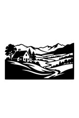 Fototapeta premium Black and White Rural Landscape Silhouette with Mountain Range and House