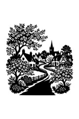 Fototapeta premium Black and White Silhouette Illustration of a Rural Village with Flowering Trees