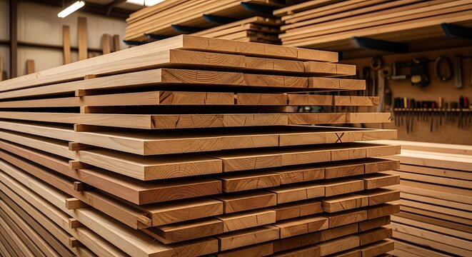 Stack of precisely cut lumber in a warehouse