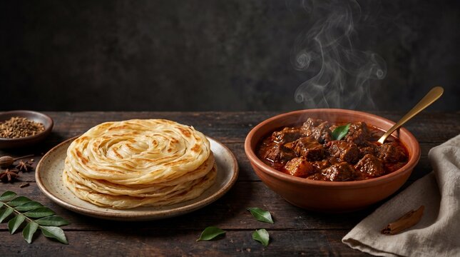 Traditional Kerala style layered parotta flatbread served with steaming hot spicy beef curry on a rustic wooden table