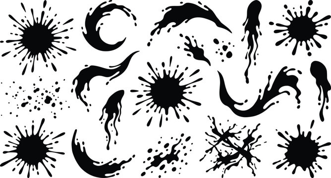 Black ink splatters and liquid splash set, grunge paint blotches on white background, 16 vector brush stroke elements for graphic design
