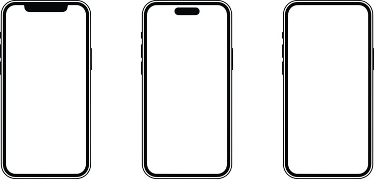 Modern smartphone mockup set with blank screens, mobile phone vector templates for app design, 3 digital device wireframes for UI UX presentation