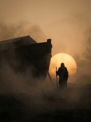 Fototapeta premium Noah stands beside the massive ark in heavy fog while a glowing sun sets behind his silhouette creating warm monochromatic light and deep cinematic atmosphere
