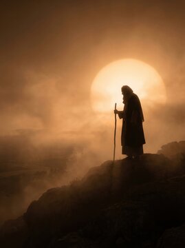 A dark silhouette of Abraham looking toward the promised land with a massive glowing sun behind him low on the horizon in thick atmospheric fog

