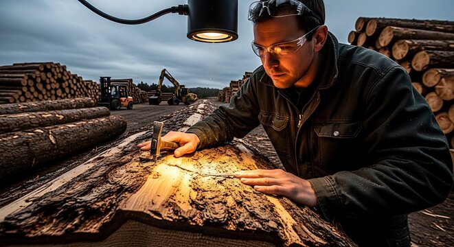 Worker Inspecting Lumpy Wood with Tools