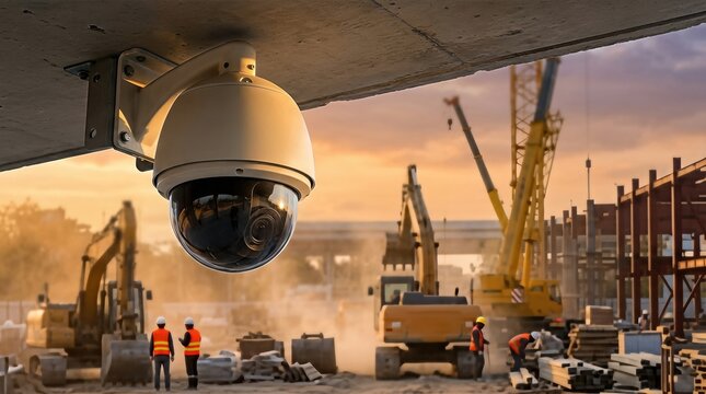 CCTV security camera mounted on a ceiling overlooking a construction site with heavy machinery and workers in safety vests during sunset