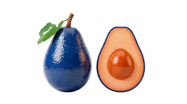 Vector illustration of blue avocado fruit whole with leaf and half with pit on a transparent background