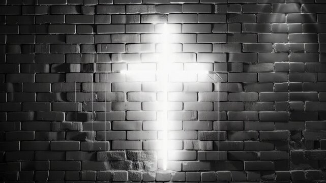 Light shines from a cross on a brick wall in a dark setting at a church or place of worship during evening hours