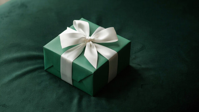 Elegant gift box with white ribbon on dark background
