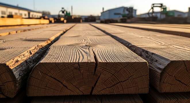 Close up of rough hewn wooden planks in sunlight
