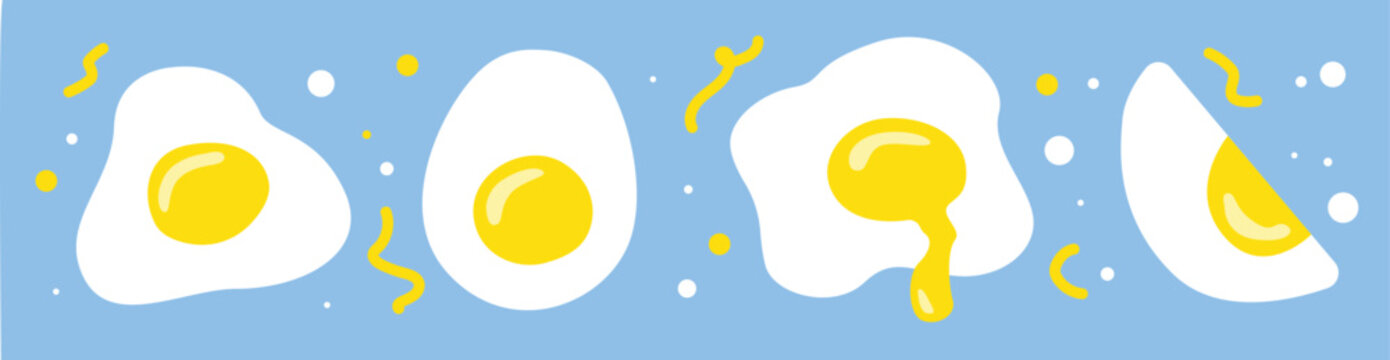 Hand drawn doodle vector illustration of sunny side up fried egg with bright yellow yoke on light blue background. Culinary food poster card menu template. Icon