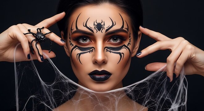 Woman with Intricate Spider Face Paint, a Black Spider Ring, and Holding White Cobwebs Against a Dark Background, Perfect for Halloween, Horror, and M