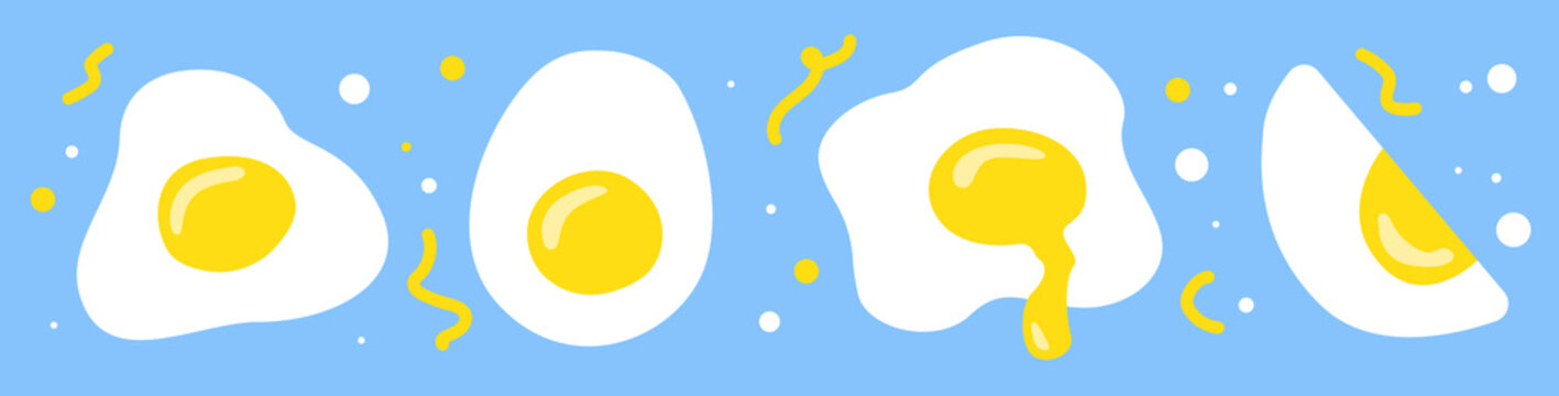 Hand drawn doodle vector illustration of sunny side up fried egg with bright yellow yoke on light blue background. Culinary food poster card menu template. Icon