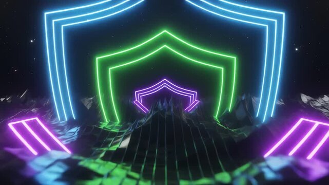 Abstract digital landscape with neon shield rings in blue and green atop jagged dark spikes at dusk