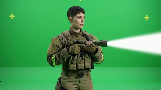 Female Soldier in High-Visibility Tactical Gear with Flashlight Against Green Screen for Security and Military Use