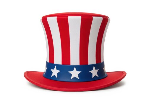 Red white and blue uncle sam top hat with stars on white background isolated on white background