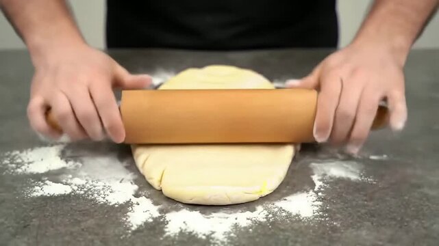 First-Person View Hands Utilizing Plain Wooden French Rolling Pin to Roll Out Dough on Countertop Surrounded by Flour for Baking Preparations