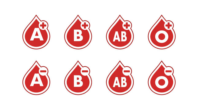 Collection of red blood drop icons displaying all human blood types with positive and negative Rh factors.