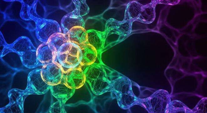 Abstract representation of glowing biological structures suggesting research, medicine, and scientific solutions for health and wellness, pharmaceutical, chemical, pattern