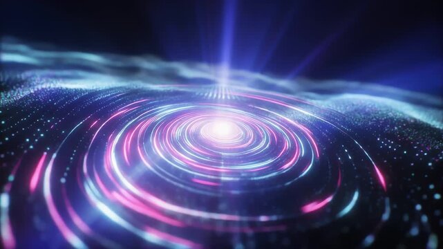 Abstract digital scene with concentric neon rings spiraling inward over a starry dotted grid. Vivid!