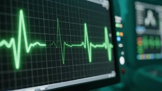 Green electrocardiogram waveform on a dark monitor screen